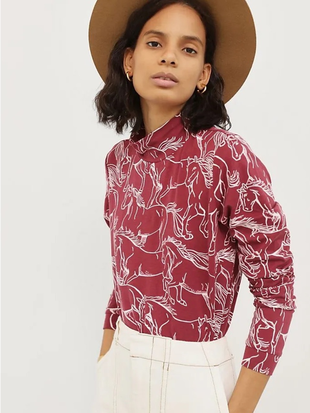 By Anthropologie Women's Maroon Horse-Print Long Sleeve Top